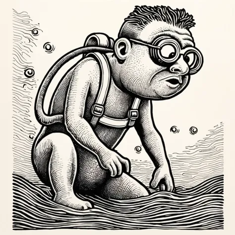 in basilwolverton style <lora:BasilWolvertonComboStyleXL_v1.1-000012:0.7> color line art
hand drawn illustration of a boy Diver (Deep-Sea) in basilwolverton style, caricature, ink and paper, hatch shading
with a Puzzled expression
with skin folds,eyelids
clean lines, bold outline, crisp features, extremely detailed, tiny details, disgusting features, gross, ugly
simple background