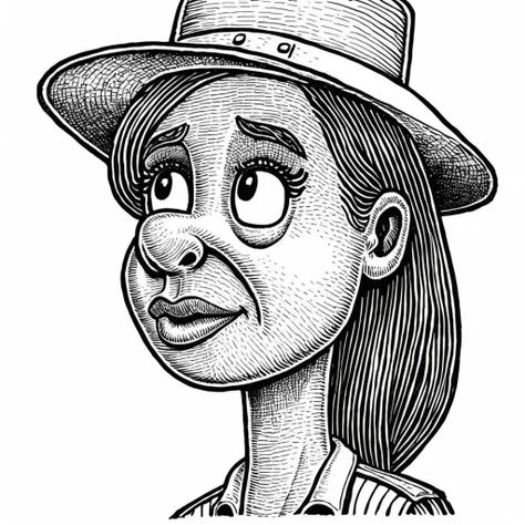 in basilwolverton style <lora:BasilWolvertonComboStyleXL_v1.1-000012:0.7> color line art
hand drawn illustration of a girl Park Ranger (Forest) in basilwolverton style, caricature, ink and paper, hatch shading
with a Crazy expression
with forehead wrinkles,long neck,bags under eyes
clean lines, bold outline, crisp features, extremely detailed, tiny details, disgusting features, gross, ugly
simple background