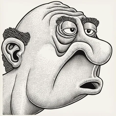in basilwolverton style <lora:BasilWolvertonComboStyleXL_v1.1-000012:0.8> color line art
grotesque hand drawn illustration of a Ogre in basilwolverton style, parody,
with a Embarrassed expression
with bags under eyes,eyelids
clean lines, bold outline, crisp features, extremely detailed, tiny details, disgusting features, gross, ugly
simple background side portrait of