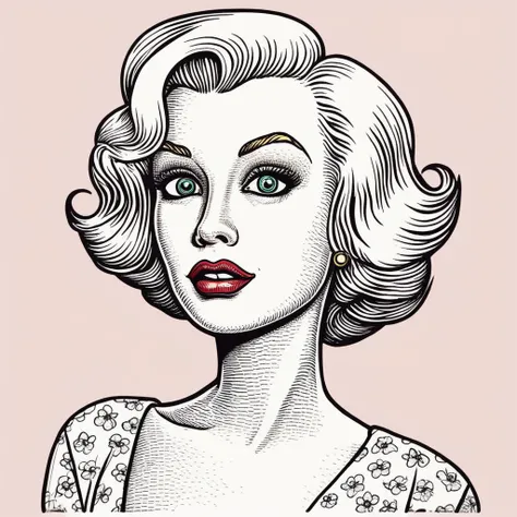 in basilwolverton style <lora:BasilWolvertonComboStyleXL_v1.1-000012:0.7> color line art
hand drawn illustration of a Marilyn Monroe (Actress) in basilwolverton style, parody
with a Curious expression
with bulging eyeballs
clean lines, bold outline, crisp features, extremely detailed, tiny details
simple background