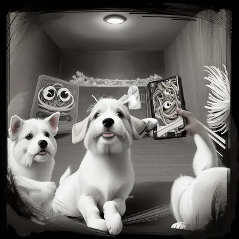 Whimsical black and white drawing in basilwolverton style room full of dogs taking a selfie <lora:Lora_Zip:0.5 > <lora:BasilWolvertonComboStyleXL_v1.1:1.1> basilwolverton style, grotesque, spaghetti hair, bulging eyes, skin folds, veins, large teeth, bloodshot eyes