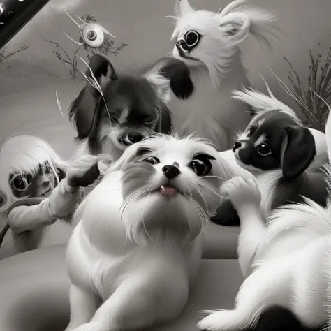 Whimsical black and white drawing in basilwolverton style room full of dogs taking a selfie <lora:Lora_Zip:0.5 > <lora:BasilWolvertonComboStyleXL_v1.1:1.1> basilwolverton style, grotesque, spaghetti hair, bulging eyes, skin folds, veins, large teeth, bloodshot eyes