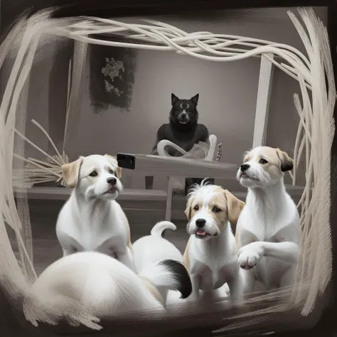 Whimsical black and white drawing in basilwolverton style room full of dogs taking a selfie <lora:Lora_Zip:0.5 > <lora:BasilWolvertonComboStyleXL_v1.1:1.1> basilwolverton style, grotesque, spaghetti hair, bulging eyes, skin folds, veins, large teeth, bloodshot eyes