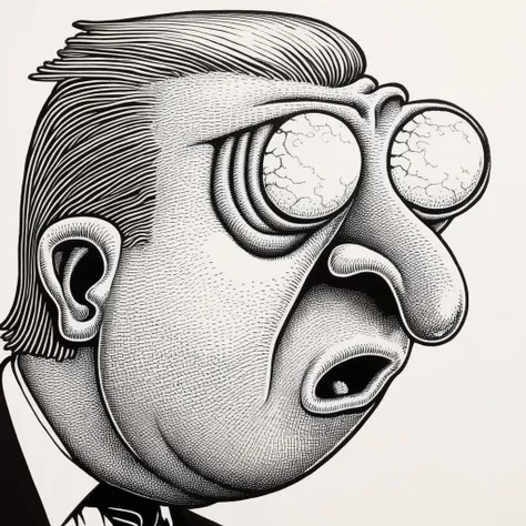 in basilwolverton style <lora:BasilWolvertonComboStyleXL_v1.1-000012:.8>
grotesque hand drawn illustration of donald trump in basilwolverton style, spaghetti hair, bulging eyes, bloodshot eyes, extremely detailed, crisp lines, thick eyebrows, les on nose, skin folds, veins