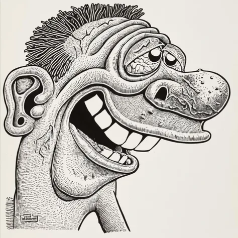 in basilwolverton style <lora:BasilWolvertonComboStyleXL_v1.1-000010:0.8>
grotesque hand drawn illustration of a zombie construction worker in basilwolverton style, thick teeth with some broken, full body pose, tonsils, bulging eyes, bloodshot eyes, veins, les, large teeth, extremely detailed, crisp lines, thick eyebrows, pupils,