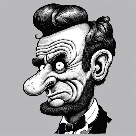 grotesque hand drawn illustration of Abraham Lincoln in basilwolverton style, extremely detailed, crisp lines, beard, skin warts, mole, skin wrinkles and folds <lora:BasilWolvertonStyleXL_v1.0-000002:0.5>