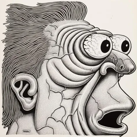 in basilwolverton style <lora:BasilWolvertonComboStyleXL_v1.1-000011:.8>
grotesque hand drawn illustration of a man in basilwolverton style, spaghetti hair, bulging eyes, bloodshot eyes, extremely detailed, crisp lines, thick eyebrows, les on nose, skin folds, veins