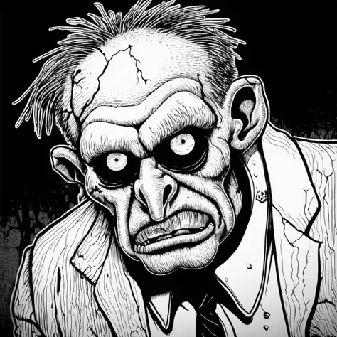 in basilwolverton style <lora:BasilWolvertonComboStyleXL_v1.1-000010:0.4>
grotesque hand drawn illustration of a zombie mormon in basilwolverton style, thick teeth with some broken, full body pose, tonsils, bulging eyes, bloodshot eyes, veins, les, large teeth, extremely detailed, crisp lines, thick eyebrows, pupils,