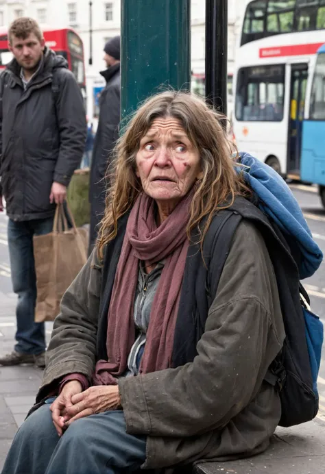 1 woman, homeless, beggard, detailed face, sit , bus stop ,  body shot, crazyness, london street