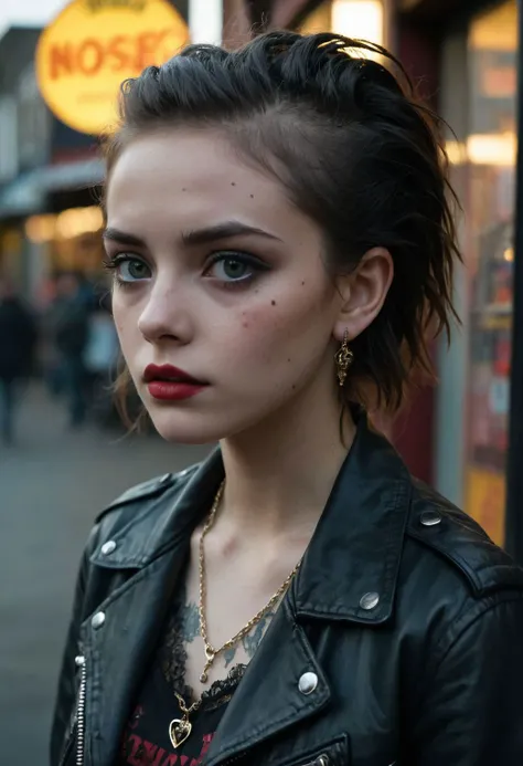 social-themed cinematic film still different views of beautiful 1girl chilling in the Birmingham street, award movie still of a (26 year old skinny english punk woman), punk scooter, 80's movie, full body shot, in front of punk music shop , (clear eyes:1.2), (punk leather jacket:1.3), ruined mascara, shadow eyes, red lips, large anarchy necklace, (punk shirt with thorns, red skirt:1.3), large earrings, many punk assets, multiples tattoos on body, gorgeous lips, (wearing a see through lace lingerie:1.3), stockings, thin, delicate, deciduous, petite, cute, (freckles:0.7), visible areolae, perky breasts, goosebumps, black long hairs, piercings , peoples, looking at viewer,(extremely detailed face:1.2), (extremely detailed eyes:1.2), masterpiece, hyperrealistic, absurdres, full body character design high budget, bokeh, cinemascope, moody, epic, gorgeous, film grain, grainy . Eerie, unsettling, dark, spooky, suspenseful, grim, highly detailed, detailed skin texture, (blush:0.9), (goosebumps:0.5), acne, subsurface scattering, RAW candid cinema, 16mm, color graded portra 400 film, remarkable color, ultra realistic, textured skin, remarkable detailed pupils, realistic dull skin noise, visible skin detail, skin fuzz, dry skin, shot with cinematic camera, detailed skin texture, (blush:0.5), (goosebumps:0.5), subsurface scattering, RAW candid cinema, 16mm, color graded portra 400 film, remarkable color, ultra realistic, textured skin, remarkable detailed pupils, realistic dull skin noise, visible skin detail, skin fuzz, dry skin, shot with cinematic camera