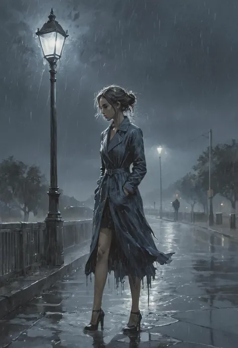 Ink illustration, inkpunk, inked, woman closeup waiting, bleak, ink splashes, ink spots, ink smears, evoking loneliness and solitude, bold strokes, ink illustration, torrential thunderstorm, very windy, night, very dark, water splashing, water spraying, vision obscured, gray and black and dark blue tones, desolate, lamppost, puddles, distant headlights