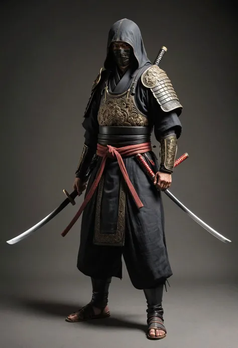 old japanese ronnin, medieval samourai ronnin with  katana, 1man standing, (full body:1.5), hero pose,exaggerated proportions, intricate character design, sense of nostalgia, exaggerated features, memorable look, consistent, coherent, captivating, (clear eyes:1.2), (highly detailled eyes:1.2), highly detailled hands, detailled floor, textured socle, dusty ground, intricate shoes, master piece, intricate, master piece, intricate, (simple background, black background:1.5), rim lighting, dimlight,"detailed skin texture, highly detailled fabrics, precise linen, precise bump textures, absurd res textures, high glossy, perfect reflection, intricate surfaces, subsurface scattering, ambiant occlusion, subtle scratchs, imperfections, soft shadow, insane detail, detailled stitches and sews, intricate leather"