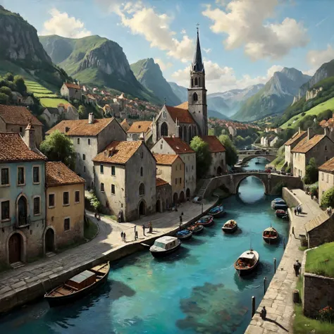 4k, highly detailed, extremely high-resolution details,

A busy canal, viewed from above, promenade beside the water. Boats tied up. Buildings climbing the green and rocky hillside. Quaint village. Church spire. Arched bridge. 1500s.

Blue water. Rustic. oil painting.

<lora:The_Dark_Side_of_the_Earth:0.2>
<lora:ClassipeintXL2.1:0.6>