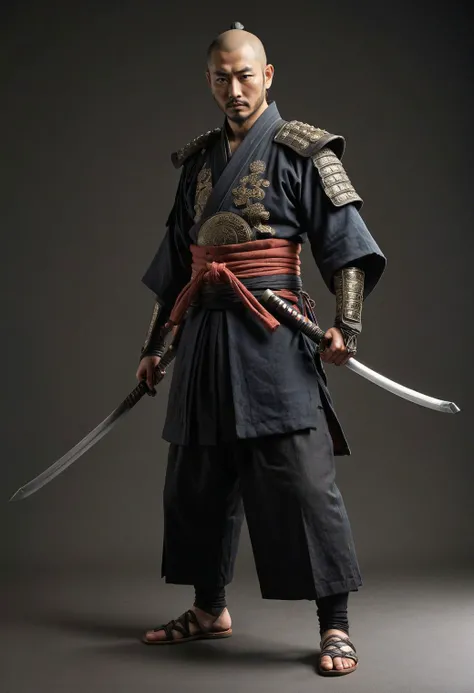old japanese ronnin, medieval samourai ronnin with katana, 1man standing, (full body:1.5), hero pose,exaggerated proportions, intricate character design, sense of nostalgia, exaggerated features, memorable look, consistent, coherent, captivating, (clear eyes:1.2), (highly detailled eyes:1.2), highly detailled hands, detailled floor, textured socle, dusty ground, intricate shoes, master piece, intricate, master piece, intricate, (simple background, black background:1.5), rim lighting, dimlight,"detailed skin texture, highly detailled fabrics, precise linen, precise bump textures, absurd res textures, high glossy, perfect reflection, intricate surfaces, subsurface scattering, ambiant occlusion, subtle scratchs, imperfections, soft shadow, insane detail, detailled stitches and sews, intricate leather"