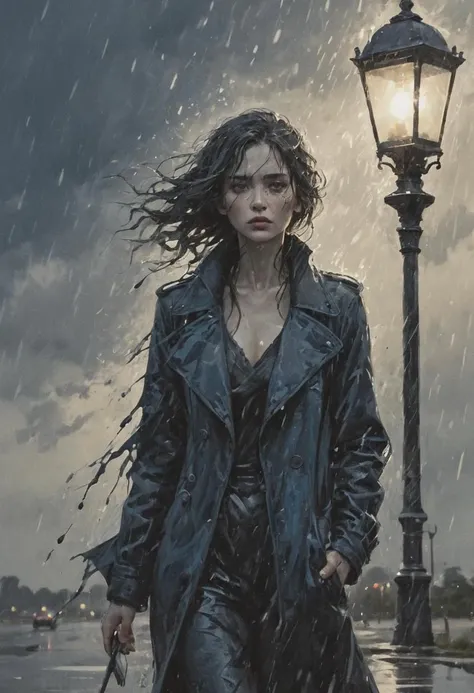 Ink illustration, inkpunk, inked, woman closeup waiting, bleak, ink splashes, ink spots, ink smears, evoking loneliness and solitude, bold strokes, ink illustration, torrential thunderstorm, very windy, night, very dark, water splashing, water spraying, vision obscured, gray and black and dark blue tones, desolate, lamppost, puddles, distant headlights