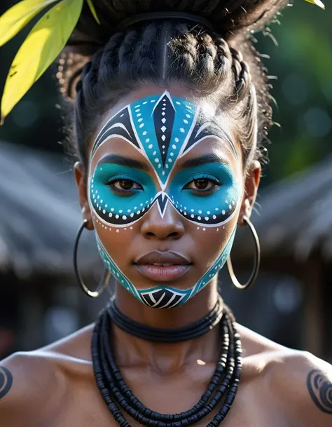 designed by Aase Berg, Water color painting, Sharp focus of a Neon (black tribal woman:1.2) , inside a Seychelles, roots, shallow depth of field, Realistic, Energetic, artstation, hyperdetailed, detailed skin, textured skin, realistic dull skin noise, skin fuzz, skin hair, skin blemishes, dry skin