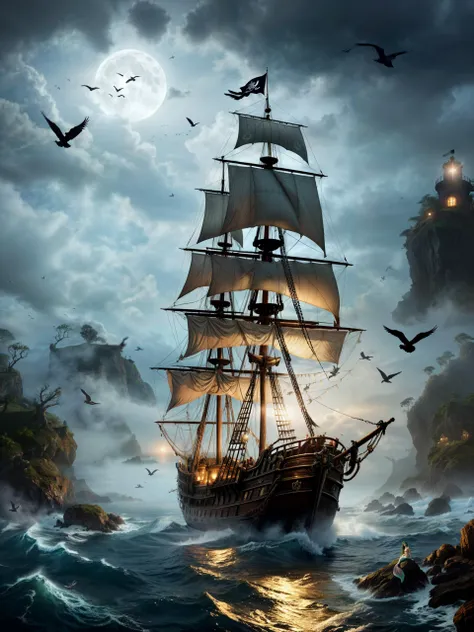 ((((one lighthouse in volumetric fog)))) and flying birds and a (((one pirate ship approaching during a storm))), cosmic event with mystical dense volumetric fog, epic scene, 8k, bokeh, high detail, ray tracing, haunting mist, whispering wind, eerie silence, desolate beauty, a mermaid sits on the rocks waiting