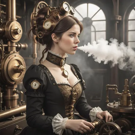 A steampunk style photo of Breathe into me and make me real, bring me to life . blending of victorian technology, steam-powered, cogs, brass machinery
