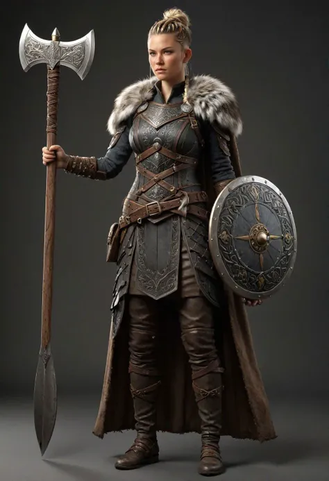 historical 3d concept art of a full covered young viking female warrior wearing a traditionnal bearded axe, or Skeggox and viking shield, Valkyrie, Walkyrie, 1girl standing, (full body:1.5), suit linnen, intricate fabrics pants, thorns, full fur layered clothes, facial war tattoos, facial runes tattoos, facial scars, hero pose,exaggerated proportions, leather breastplate with metal rivets, knitted suit, mohawk braided haircut, intricate character design, sense of nostalgia, exaggerated features, memorable look, consistent, coherent, captivating, (clear eyes:1.2), (highly detailled eyes:1.2), highly detailled hands, detailled floor, textured socle, dusty ground, intricate shoes, master piece, intricate, comics render, illustration, 2d character, , flat render, outline, master piece, intricate, (simple background, black background:1.5), rim lighting, dimlight,"detailed skin texture, highly detailled fabrics, precise linen, precise bump textures, absurd res textures, high glossy, perfect reflection, intricate surfaces, subsurface scattering, ambiant occlusion, subtle scratchs, imperfections, soft shadow, insane detail, detailled stitches and sews, intricate leather"