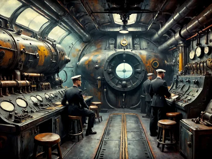 4k, highly detailed, extremely high-resolution details, photographic,

Closeup of German submariners in the narrow confines of their submarine, sitting on steel stools, facing instrument panels along the wall. Surrounded by the steel of the submarine.

portholes. Viewed from behind.

gritty colorized tintype painting. 1940s style.

Magical hues. 

Oil painting.

<lora:ClassipeintXL2.1:0.8>