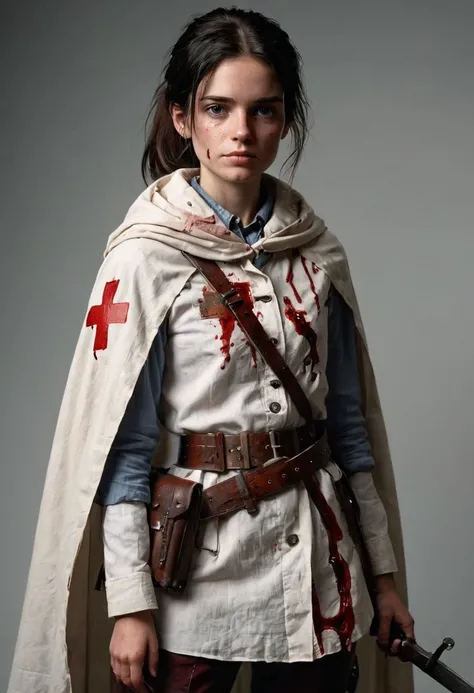 raw photography, raw candid camera, standing nurse of war, templar outfits, ponytail hair, (full body:1.4),( blue eyes:1.12), skinny, thin legs, large hip, thigh gap, intricate belts, (wearing flasks, potion, cloak, accessories,:1.3), glowing eyes, intricate runic patterns, (blood on clothes:1.3), flat chests, delicate, dangerous, luscious, thin,deciduous, (freckles:0.741), dirty clothes, thorns, goosebumps, beautiful, tired face, black hair, invert red cross embroidery on intricate bi-colored long dirty brownish white shirt layered, dust, ivory linen fabrics, thorns, (dark background:1.2), brown leather trousers, dirty face, bloody face, rifle on shoulders, wearing sword on hip, 3D Character, full hero pose, realistic proportions, limited color palette, sense of nostalgia, exaggerated features, memorable look, consistent, coherent, captivating, 1girl, female focus, intricate, black background, rim lighting, 36mm, wide angle, KODAK Ektar 100,(Film grain:1.2)