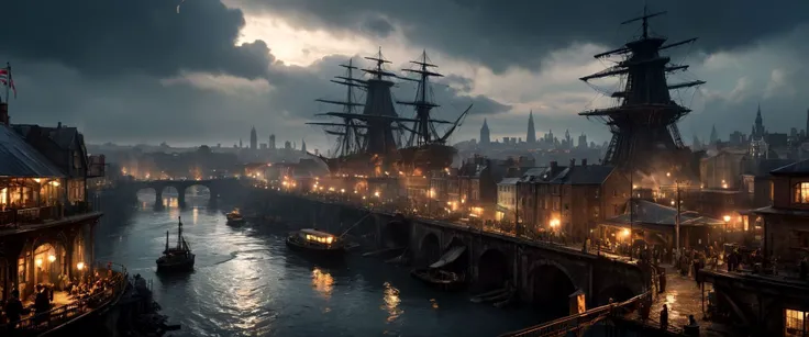 cinematic ground view of eschatological landscape of a victorian edimburg city, harmonious, (bridges:0.4), (waterfalls:1.1), sci fi, (ultra realistic:1.2), (cables), time tower, intricate engineerings, sinuous river, side, (vegetation:0.4), holograms, night, terraces, , happy life,intricate and detailled sailing ship on departure at quay, plenty of small boats on the river, flags, confettis, holy days, festivities, massive crowds, victorian clothes, messy rail trains, train station, drapery on windows, (full of life:1.2), chimneys, smokes, high resolution, city, view from above, from the ledge, slums, hyper detailled view, intricate city, atmospheric lighting, dark mood, gigantism, ultra large wide angle, full view, great composition, rules of third, organic city , dramatic sky, storm in background,, shallow depth of field, vignette, high budget, bokeh, cinemascope, moody, epic, gorgeous