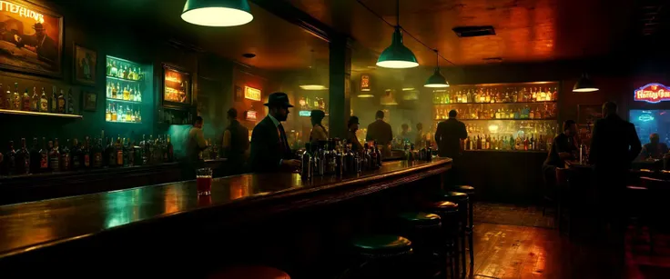 neo-noir, crowded bar, multi-color drinks, smoke, sharp definition, edward hooper, nighthawks, Every element is rendered in extreme quality, aiming for an ultra-HD 8K resolution level of detail. The cinematic and hyperrealistic style makes it feel like a freeze-frame from a high-budget dark fantasy film. The use of film grain adds a texture that gives the scene a gritty, realistic feel