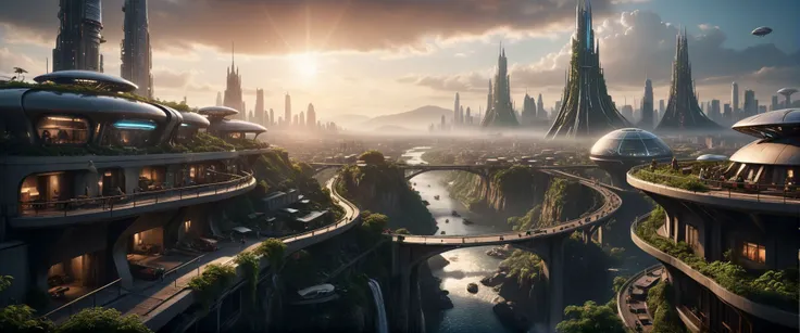 cinematic view of eschatological landscape of a futuristic sci fi city, harmonious, bridges, waterfalls, sci fi, (ultra realistic:1.2), (cables, antennas, parabolic receptors on rooftops, conditionning air systems:1.3), sinuous river, side, vegetation, holograms, sunset, before night, terraces, , happy life, flying taxis, drapery on windows, (full of life:1.2), high resolution, city, view from above, from the ledge, slums, hyper detailled view, intricate city, atmospheric lighting, high contrast, dar mood, gigantism, ultra large wide angle, full view, <lora:xl_more_art-full_v1:0.4> <lora:SDS_Contrast tool_XL:0.2>, shallow depth of field, vignette, highly detailed, high budget, bokeh, cinemascope, moody, epic, gorgeous, grainy, , 8k uhd, dslr, soft lighting, high quality, (film_grain:1.2), cinematic style, Leica M4, 50mm f/1.4 lens, f/2.8, ISO 400, 1/125 sec,