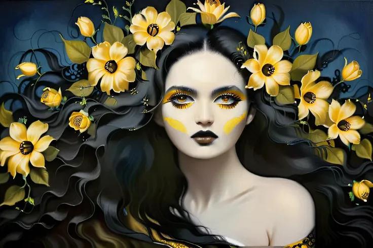 Surrealist art of a Caucasian woman, (body to the side looking at the viewer:1.8), big black hair decorated with a lot of yellow flowers, vertical yellow black white face paint, dark painted background, intricate, high detail, (one shoulder close to the viewer:1.2), (profile view), super detailed, (very long hair:1.3), (hair:clothes:1.3), mysterious atmosphere,  (blue pupils:1.2), Anna Dittmann  <lora:Anna_Dittmann_Style_XL:1> <lora:FF-Style-KAROL-BAK.LORA:1>