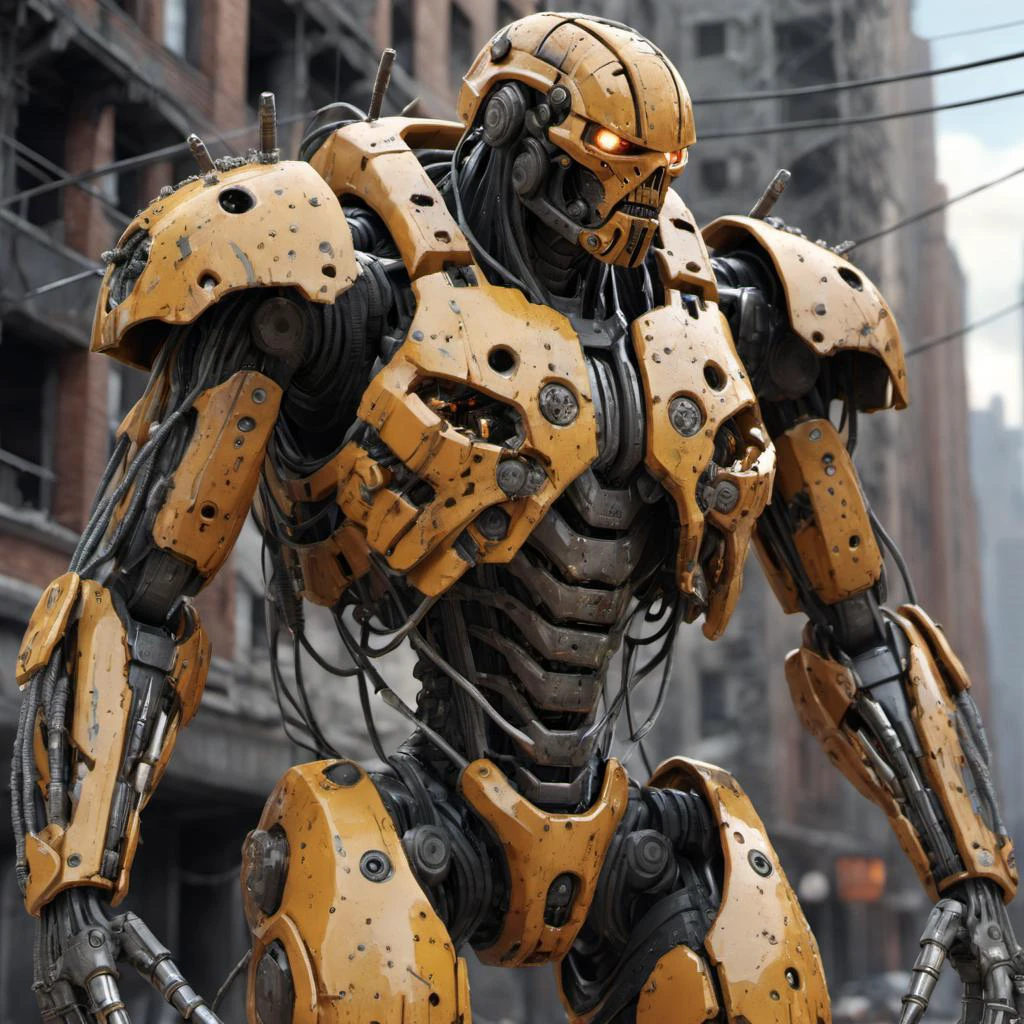 render of a damaged melting mech warrior, covered in cables , (bullet holes:1.2), blender render, high detail, destroyed buildings in the background