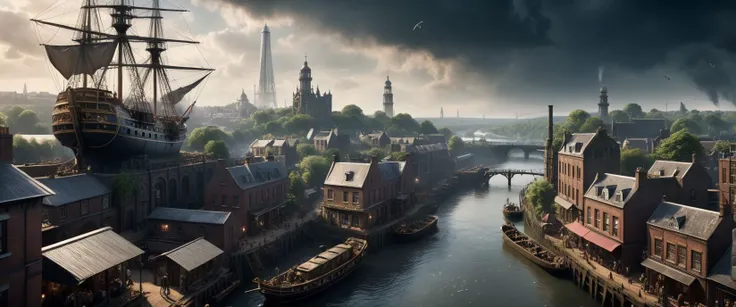 cinematic ground view of eschatological landscape of a victorian edimburg city, harmonious, (bridges:0.4), (waterfalls:1.1), sci fi, (ultra realistic:1.2), (cables, antennas, parabolic receptors on rooftops, conditionning air systems:1.3), time tower, intricate engineerings, sinuous river, side, (vegetation:0.4), holograms, night, terraces, , happy life,intricate and detailled sailing ship on departure at quay, plenty of small boats on the river, flags, confettis, holy days, festivities, massive crowds, victorian clothes, messy rail trains, train station, drapery on windows, (full of life:1.2), chimneys, smokes, high resolution, city, view from above, from the ledge, slums, hyper detailled view, intricate city, atmospheric lighting, high contrast, dar mood, gigantism, ultra large wide angle, full view, <lora:xl_more_art-full_v1:0.4> <lora:SDS_Contrast tool_XL:0.2>, great composition, rules of third, organic city , dramatic sky, storm in background,, shallow depth of field, vignette, highly detailed, high budget, bokeh, cinemascope, moody, epic, gorgeous, grainy, , 8k uhd, dslr, soft lighting, high quality, (film_grain:1.2), cinematic style, Leica M4, 50mm f/1.4 lens, f/2.8, ISO 400, 1/125 sec,