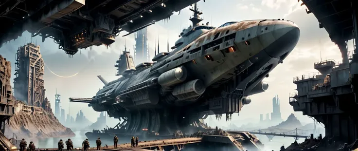 cinematic shot of a starship destroyer class , spaceship landing, intricate design, strait lines, hard shadows, sunrays,  large cannons, intricate military, hangars , parked in the middle of a intricate garbage city, (night:1.5), complex architecture, intricate machinery, archs, bridges, hanging black flags with circles on windows, war scarce marks on ships, greebles, crowd evacuation, army guards, secret force agency to prevent crimes against the zone, (volumetric fog:0.5), (volumetric lighting:0.3), landing gear, highly detailed,  cinematic view of dark dystopyan futuristic landscape of a ruined city, disharmonious, broken bridges, waterfalls,  (ultra realistic:1.2), (cables, antennas, parabolic receptors on rooftops, conditionning air systems:1.3), sinuous river, side, vegetation, holograms, drapery on windows, (full of life:1.2), high resolution, city, view from above, from the ledge, slums, hyper detailled view, intricate city, atmospheric lighting, high contrast, dark mood, gigantism, ultra large wide angle, full view,  <lora:xl_more_art-full_v1:0.6> <lora:SDS_Contrast tool_XL:0.6>, shallow depth of field, vignette, highly detailed, high budget, bokeh, cinemascope, moody, epic, gorgeous, grainy, , 8k uhd, dslr, soft lighting, high quality, (film_grain:1.2), cinematic style, Leica M4,  50mm f/1.4 lens, f/2.8, ISO 400, 1/125 sec, <lora:wowifierXL:1> , perfect composition, rules of third, brutalist architecture, detailed skin texture, highly detailled fabrics, precise linen, precise bump textures, absurd res textures, high glossy, perfect reflection, intricate surfaces, subsurface scattering, ambiant occlusion, subtles scratchs, imperfections, soft shadow, insane detail, detailed stitches and sews, intricate leather, opulent fabrics
