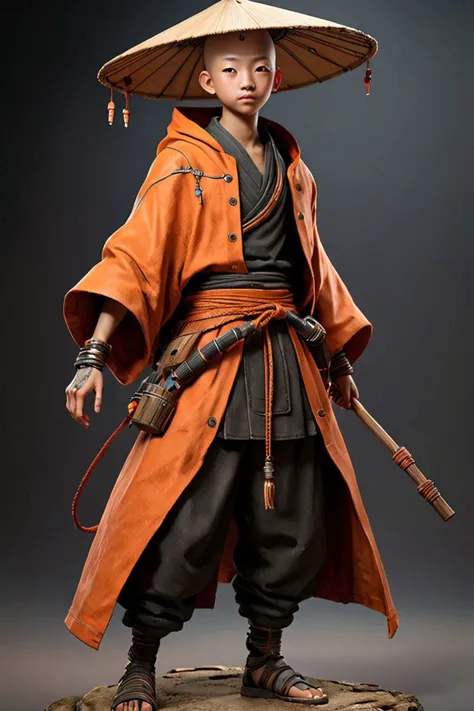 elaborate standing 3d character of a (skinny:0.5) 1boy monk,( full body:1.5), bald, (android:0.4), futuristic, hard surfaces, mecha, robot, cybernetic arm, intricate technology, asian, silicon cuts shells on face, facial parts,3d character, game (cartoon:0.5) character, 3d render, trending on artstation, concept, small, wide angle, 50mm, skinny,scars, blood on clothes, thin, hero pose, deciduous, (freckles:0.741), dirty clothes, rice braided Asian conical hat on shoulders, thorns, goosebumps, gentle face, subtle smiling, cool person, (holding a wooden stick with strings and small bells:1.3) , full body <lora:Grungy_Picture_SDXL_V1:0.2><lora:bynightPortraits-XL:0.1>, highly detail war armor,( half side orange long cloak:1.3), religious warrior, by Laurey Greasley and Takeshi Obata, desire to achieve enlightenment, nirvana, yellow, orange, (cyberpunk:1.2), detailed, realistic, 8k uhd, high quality , metallic roughness, imperfections, decayed metal, wheathered metal, <lora:scifi-vehicles:0.35>, photoshoot, black cyclo, award photography of European and American (hyper realistic:1.3) 3d game characters, 1person, 3D Character, AAA, standing, (full body:1.5), hero pose, casual proportions, intricate character design, hand-drawn drafts, hand-drawn appearance, sense of nostalgia, memorable look, consistent, coherent, captivating, (clear eyes:1.2), (highly detailled eyes:1.2), highly detailled hands, detailled floor, textured socle, dusty ground, intricate shoes, subsurface scattering, occlusion ambiant, ray tracing, hdr, arnold render, 4k, absurdres, hires, xgen, realistic hair, trending on artstation, master piece, intricate, simple darkgrey background, (black background:1.3), (rim lighting:0.3), realistic matte skin, skin texture visible, (sharp focus), (high quality), <lora:xl_more_art-full_v1:0.4>, <lora:br_max-000014:0.4>, shallow depth of field, vignette, highly detailed, high budget, bokeh, cinemascope, moody, epic, gorgeous, film grain, grainy, detailed skin texture, highly detailled fabrics, precise linen, precise bump textures, absurd res textures, high glossy, perfect reflection, intricate surfaces, subsurface scattering, ambiant occlusion, subtle scratchs, imperfections, soft shadow, insane detail, detailled stitches and sews, intricate leather