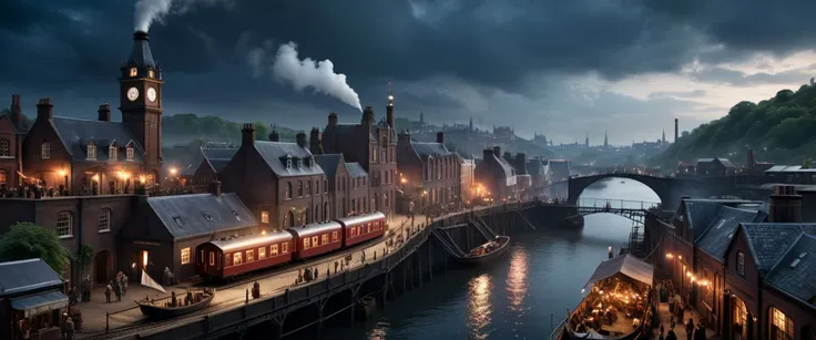view from the quay, cinematic view of whimsical landscape of a victorian edimburg city at night, candles lighting, torch lighting, small streets gas lighting, big festival, harmonious, (bridges:0.4), (waterfalls:1.1), sci fi, (ultra realistic:1.2), (cables, antennas, parabolic receptors on rooftops, conditionning air systems:1.3), time tower, large factory buildings, intricate engineerings, sinuous river, side, (vegetation:0.4), holograms, night, terraces, complex architecture, meesy circulation, archs, small shops, streets vendors, children playing, happy life,intricate and detailled sailing ship at quay, (tiny boats on the river:1.5), (flags:1.3), confettis, great day, festivities, massive crowd on the quay, , victorian clothes, messy rail trains, train station, drapery on windows, (full of life:1.2), chimneys, smokes, high resolution, city, from the ledge, slums, hyper detailled view, intricate city, atmospheric lighting, high contrast, dar mood, gigantism, ultra large wide angle, full view, <lora:xl_more_art-full_v1:0.6> <lora:SDS_Contrast tool_XL:0.2>, great composition, rules of third, organic city , dramatic sky, storm in background,, shallow depth of field, vignette, highly detailed, high budget, bokeh, cinemascope, moody, epic, gorgeous, grainy, , 8k uhd, dslr, soft lighting, high quality, (film_grain:1.2), cinematic style, Leica M4, 50mm f/1.4 lens, f/2.8, ISO 400, 1/125 sec,