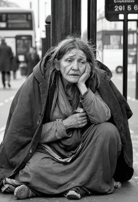 1 woman, homeless, beggard, detailed face, sit , bus stop ,  body shot, crazyness, london street
