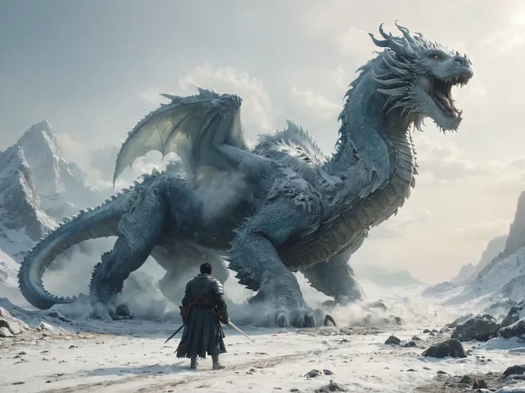 cinematic ground view of chinese snow dragon, great composition, rules of third, (ultra realistic:1.2), photorealistic, color graded cinematic, dramatic light, pale sunrise, cinematic lighting, battered, low angle, focused, extreme details, Every element is rendered in extreme quality, aiming for an ultra-HD 8K resolution level of detail. The cinematic style makes it feel like a freeze-frame from a high-budget movie. The use of film grain adds a texture that gives the scene a gritty, snow dust flying, fog, Bosstyle