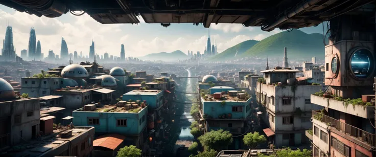 cinematic view of eschatological landscape of a futuristic sci fi city, sci fi, (ultra realistic:1.2), (cables, antennas, parabolic receptors on rooftops, conditionning air systems:1.3), riverside, vegetation, holograms, flying taxis, drapery on windows, (full of life:1.2), high resolution, city, view from above, from the ledge, slums, hyper detailled view, intricate city, atmospheric lighting, high contrast, dar mood, gigantism, ultra large wide angle, full view, <lora:xl_more_art-full_v1:0.8> <lora:br_max:0.8> <lora:SDS_Contrast tool_XL:0.65>, shallow depth of field, vignette, highly detailed, high budget, bokeh, cinemascope, moody, epic, gorgeous, grainy, , 8k uhd, dslr, soft lighting, high quality, (film_grain:1.2), cinematic style, Leica M4, 50mm f/1.4 lens, f/2.8, ISO 400, 1/125 sec,