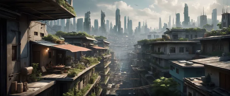 landscape of a futuristic sci fi city, sci fi, ultra realistic, (cables, antennas, parabolic receptors on rooftops, conditionning air systems:1.3), riverside, vegetation, holograms, flying taxis, drapery on windows, (full of life:1.2), high resolution, city, view from above, from the ledge, slums, hyper detailled view, intricate city, atmospheric lighting, high contrast, dar mood, gigantism, ultra large wide angle, full view, shallow depth of field, vignette, highly detailed, high budget, bokeh, cinemascope, moody, epic, gorgeous, grainy, , 8k uhd, dslr, soft lighting, high quality, (film_grain:1.2), cinematic style, Leica M4,  50mm f/1.4 lens, f/2.8, ISO 400, 1/125 sec,