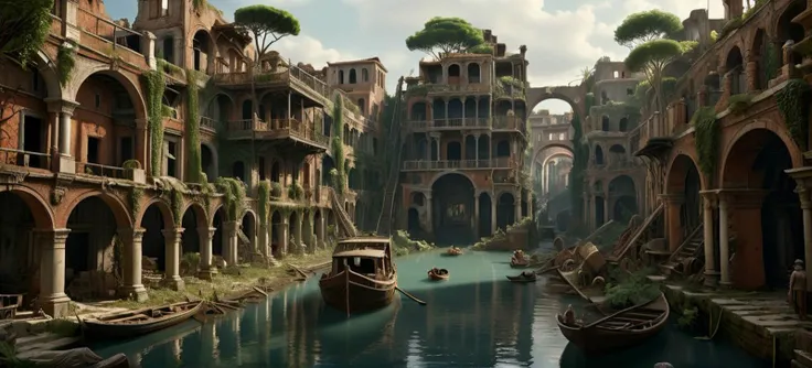 cinematic shot of standing explorer looking for past civilisation ruins of venesian megalopolis surrounded by vegetation, venesian architecture, palais, italian architecture, terracota, mosaics, boat graveyard, (boating cemetery:0.6), (war debris everywhere:0.8), debris, rusty structures, ivy on walls, postapocalyptic, gigantic architecture structures, complex design, bridges, statues, incredible structures, archs, bas-reliefs, intricate, highly detailled award winning photography landscape, water,(extremely detailed 8k wallpaper), (waterfall:1.2), outdoors, water, tree, landscape, forest, river, fog, grass, most beautiful artwork in the world,professional majestic, intricate, High Detail, Sharp focus, dramatic, photorealistic painting art, matte painting, digital art, trending on artstation <lora:ScrapBuiltAI:0.65>, detailed skin texture, highly detailled fabrics, precise linen, precise bump textures, absurd res textures, high glossy, perfect reflection, intricate surfaces, subsurface scattering, ambiant occlusion, subtles scratchs, imperfections, soft shadow, insane detail, detailed stitches and sews, intricate leather, opulent fabrics