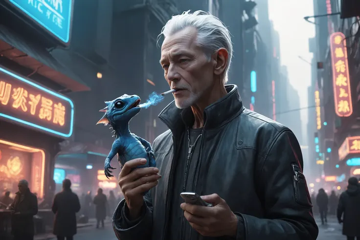 ((masterpiece)), ((high quality)), old human man holding a very small blue dragon hatchling in his hand, dragon fire from mouth, lighting the cigarette in his mouth, cyberpunk, future, in a crowded city, neon signs, flying cars in the sky, gray hair, sci-fi clothes with electronics <lora:add-detail-xl:0.3>