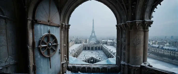 cinematic view from the rooftops, door's entry of Notre-Dame of Paris, rosace, iced walls, iced landscape of a (frozen post apocalyptic Paris:1.4),, shallow depth of field, vignette, highly detailed, high budget, bokeh, cinemascope, moody, epic, gorgeous, grainy, , 8k uhd, dslr, soft lighting, high quality, (film_grain:1.2), cinematic style, Leica M4, 50mm f/1.4 lens, f/2.8, ISO 400, 1/125 sec,