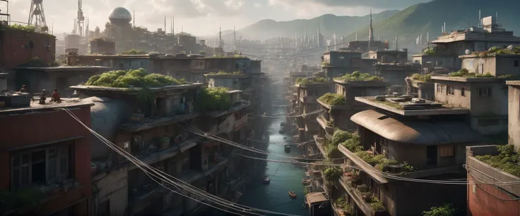 cinematic view of eschatological landscape of a futuristic sci fi city, sci fi, (ultra realistic:1.2), (cables, antennas, parabolic receptors on rooftops, conditionning air systems:1.3), riverside, vegetation, holograms, flying taxis, drapery on windows, (full of life:1.2), high resolution, city, view from above, from the ledge, slums, hyper detailled view, intricate city, atmospheric lighting, high contrast, dar mood, gigantism, ultra large wide angle, full view, shallow depth of field, vignette, highly detailed, high budget, bokeh, cinemascope, moody, epic, gorgeous, grainy, , 8k uhd, dslr, soft lighting, high quality, (film_grain:1.2), cinematic style, Leica M4, 50mm f/1.4 lens, f/2.8, ISO 400, 1/125 sec,