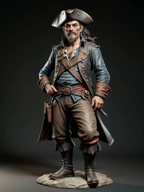old pirate with tobacco briar, 1man standing, (full body:1.5), hero pose,exaggerated proportions, intricate character design, sense of nostalgia, exaggerated features, memorable look, consistent, coherent, captivating, (clear eyes:1.2), (highly detailled eyes:1.2), highly detailled hands, detailled floor, textured socle, dusty ground, intricate shoes, master piece, intricate, comics render, illustration, 2d character, , flat render, outline, master piece, intricate, (simple background, black background:1.5), rim lighting, dimlight,"detailed skin texture, highly detailled fabrics, precise linen, precise bump textures, absurd res textures, high glossy, perfect reflection, intricate surfaces, subsurface scattering, ambiant occlusion, subtle scratchs, imperfections, soft shadow, insane detail, detailled stitches and sews, intricate leather"