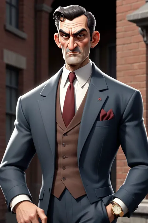 Character Design - Create a fullbody Male stylized 2D character for a mobile game with a distinctive, hand-drawn appearance. The artwork should have a strong outline and feature cel-shading to create depth and contrast. Utilize a limited color palette with saturated hues to emphasize the character's personality and mood. The style should evoke a sense of nostalgia, reminiscent of classic animated films and comic book illustrations. Shapes and proportions should lean towards being slightly exaggerated, giving the characters a unique and memorable look. The overall art direction should remain consistent and coherent, ensuring that all characters created with this style feel like they belong to the same captivating, mafia-themed world. Design a character named Don Oatfield, the cunning and powerful leader of the Oatfield Syndicate in the mafia-themed world. He should have a distinguished appearance, with sharp features and a piercing gaze that commands respect. Incorporate elements such as a tailored three-piece suit, a silk tie, and polished dress shoes to convey his wealth and authority. His facial expression should be stern and calculating, with a hint of a smirk that suggests he's always thinking several moves ahead. Accessorize Don Oatfield with a gold watch and cufflinks, as well as a signature signet ring that symbolizes his position within the criminal underworld.