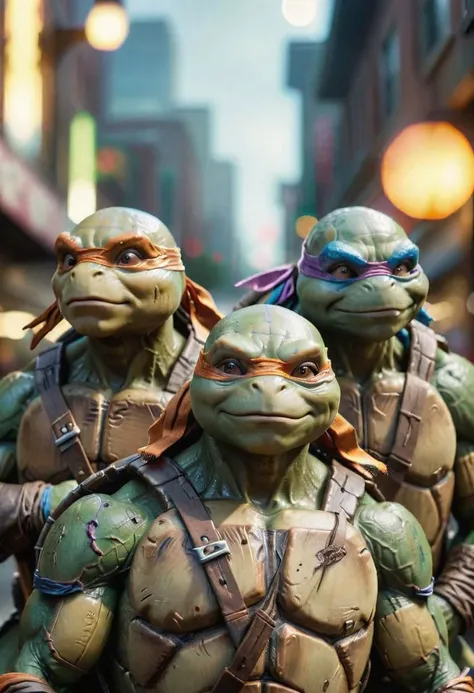 Teenage Mutant Ninja Turtles, professional portrait, hyper realistic, ultra detailed photograph, captured with a 85mm lens, f4. 6, bokeh, ultra detailed, ultra accurate detailed, bokeh lighting, surrealism, urban settin, ultra unreal engine, intricate, kitsch, -- ar 51:81