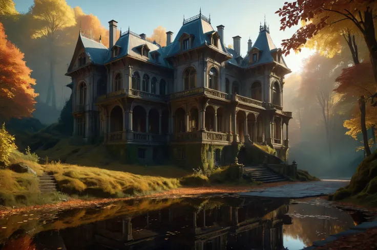 cinematic view, abandoned vampire villa in a forest, autumnal colorful, highly detailed, high resolution, ray tracing reflections, dramatic lighting, 8k, detailed acrylic, intricate complexity, soft natural volumetric cinematic perfect light by Alphonse Mucha,"(b&w, Monochromatic, Film Photography:1.3), Photorealistic, Hyperrealistic, Hyperdetailed, film noir, analog style, soft lighting, subsurface scattering, realistic, heavy shadow, masterpiece, best quality, ultra realistic, 8k, golden ratio, Intricate, High Detail, film photography, soft focus","", high contrast, sharpen