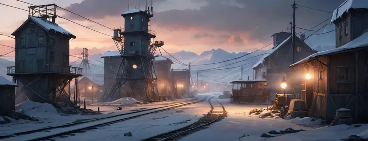 Guard towers, searchlights powered by small steam generators , freeze, steel (amazing, Impressive lighting, muted colors, Ultra Realistic, trending on artstation, exaggerated, detailed background:1.1), intricate frozen town in background, sunset, dark lighting, cables, messy town, debris, high contrast
