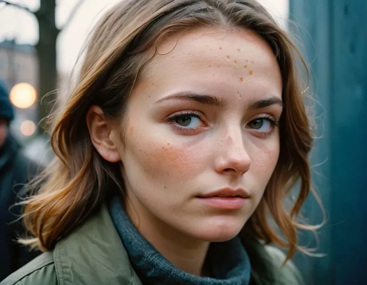 melancholic, fotorealistic, from Belarus and working as a scientist, pretty colors, the person has a homeless skin blemish skin pores look, clear shapes, candid photo, cinestill 800T, Pentax K1000, 50mm lens, faded vintage aesthetic, film grain, expired film