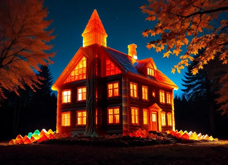 professional shot, large glowing <lora:GummiRay:1.3> gummyray house made of different colored blocks, in a bioluminescent maple forrest, night, brown orange grass, glowing branches, glowing leaves, very low light, low angle photograph, cinematic shot