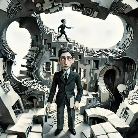 <lora:DD-made-of-clay-XL-v2:1> made-of-clay portrait of (Franz Kafka) in a suit jacket, in an intricate world of optical illusions and impossible geometries, impossible staircase (architecture:1.2) Endless staircases intertwining in an impossible loop, bending the laws of physics, paradox, surreal, monochrome with subdued color accents, intricately detailed, a mesmerizing and thought-provoking and mind-bending Escherian masterpiece, art by escher, Tim Burton Style <lora:Escher_Blend:1.2> <lora:Tim_Burton_Painting_Style_SDXL-000009:1> <lora:xl_more_art-full_v1:0.6> <lora:add-detail-xl:1>